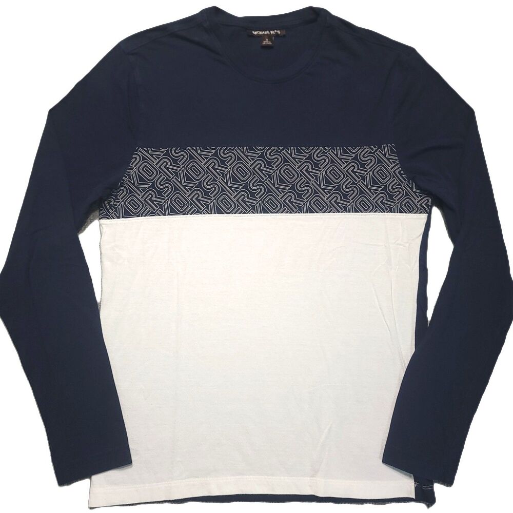 Michael Kors Mens S Shirt Long Sleeve Pullover Logo Graphic Panel Blue White
